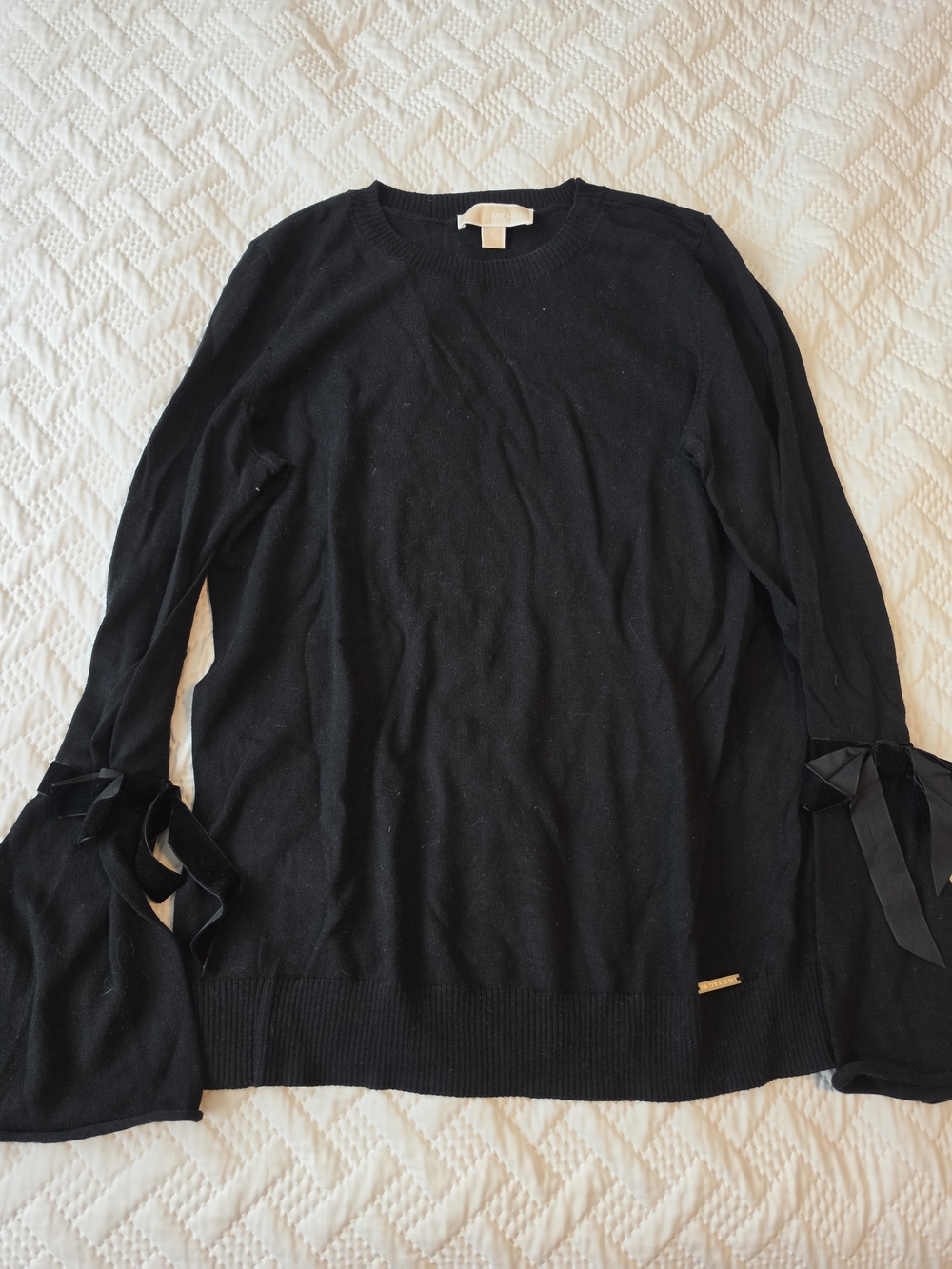 Michael Kors Black Crewneck Sweater with Tie-Sleeve Detail